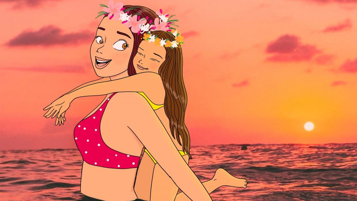 Maman et fille se baignent dans la mer face au coucher du soleil illustratrice queenmama rouen paris nature environnement été mer plage
