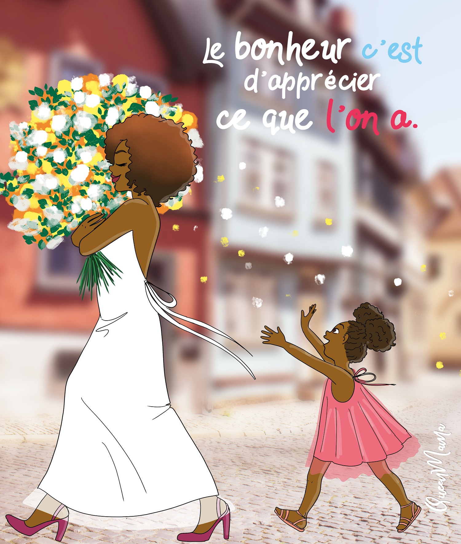 Une maman porte des fleurs et sa filles marche derrière elle en tentant d'attraper les pétales de fleurs