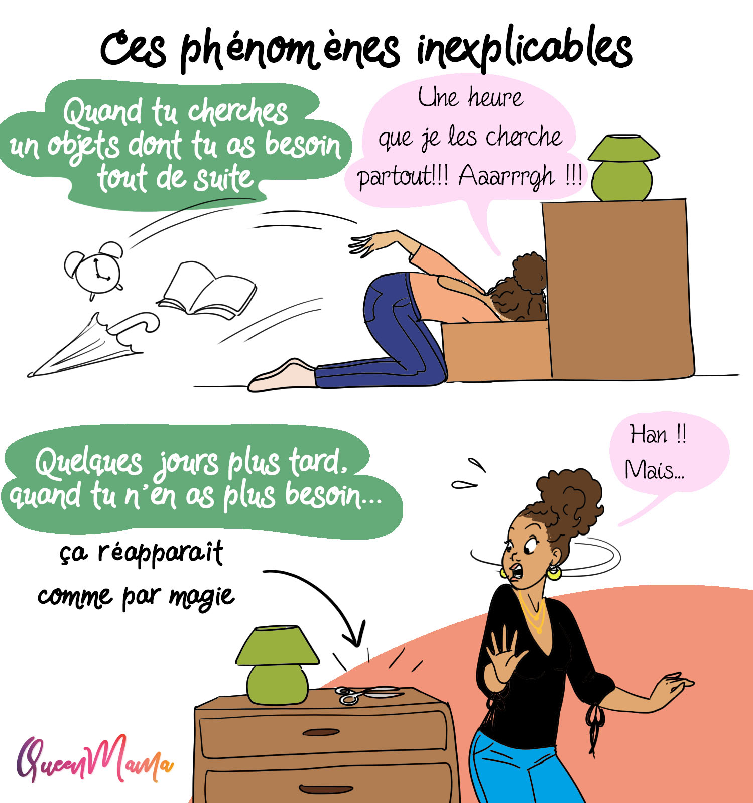 une femme cherche activement un objet, mais elle ne le retrouve qu'une fois qu'elle ne le cherche plus